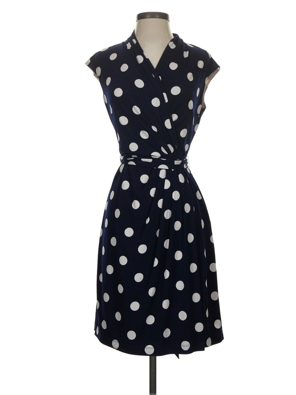Eliza J Navy and White Polka Dot Wrap-Style Midi Dress